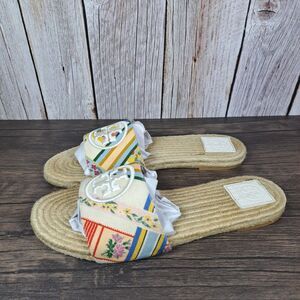 Tory Burch Benton Open Toe Women's Sz 8.5 Espadrille Slides Ribbon Weave Floral